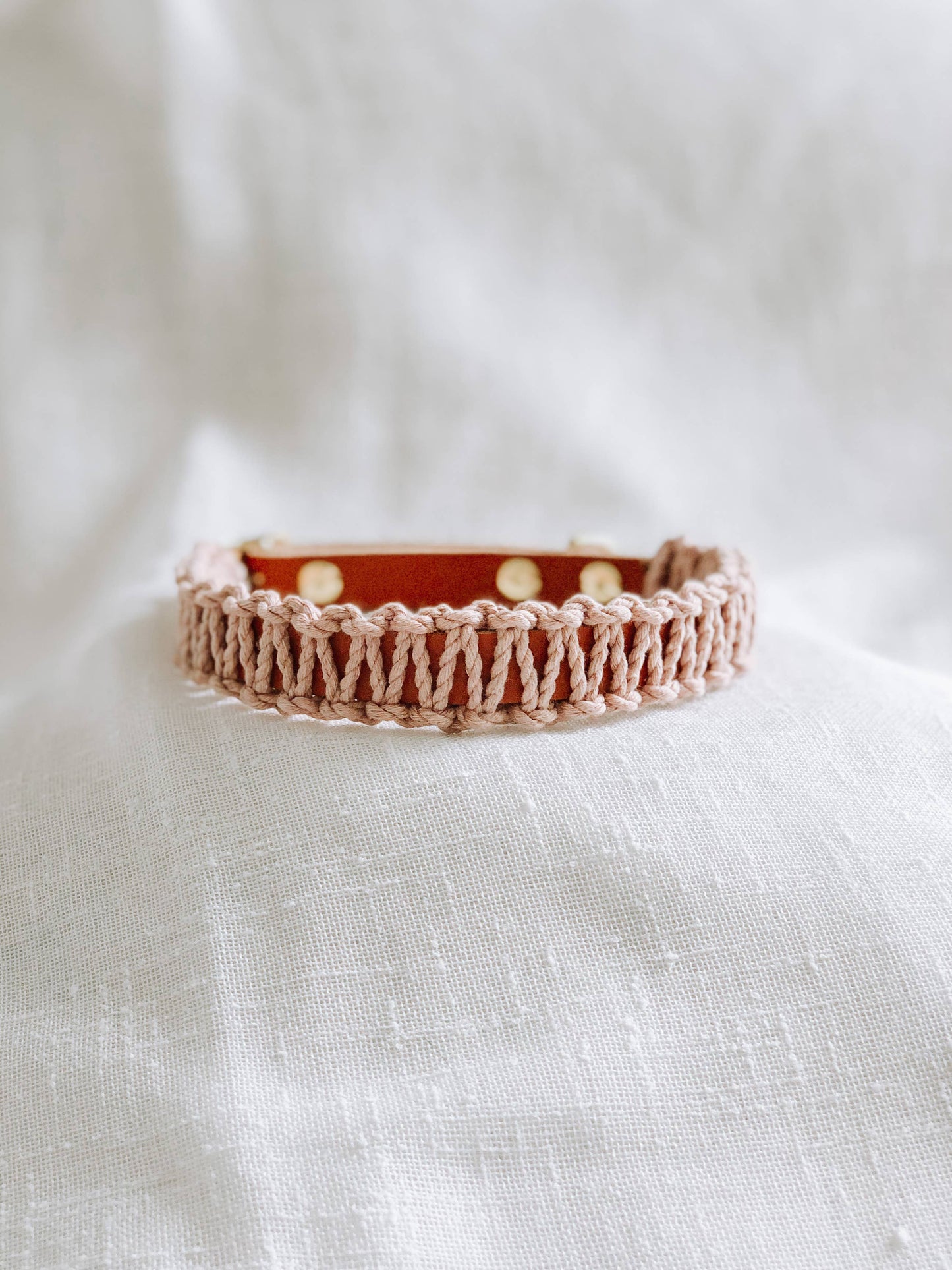 Caramel/Blush Macrame & Leather Dog Collar