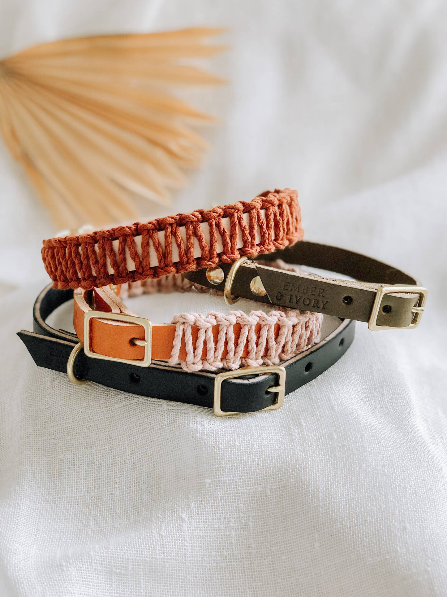 Caramel/Blush Macrame & Leather Dog Collar
