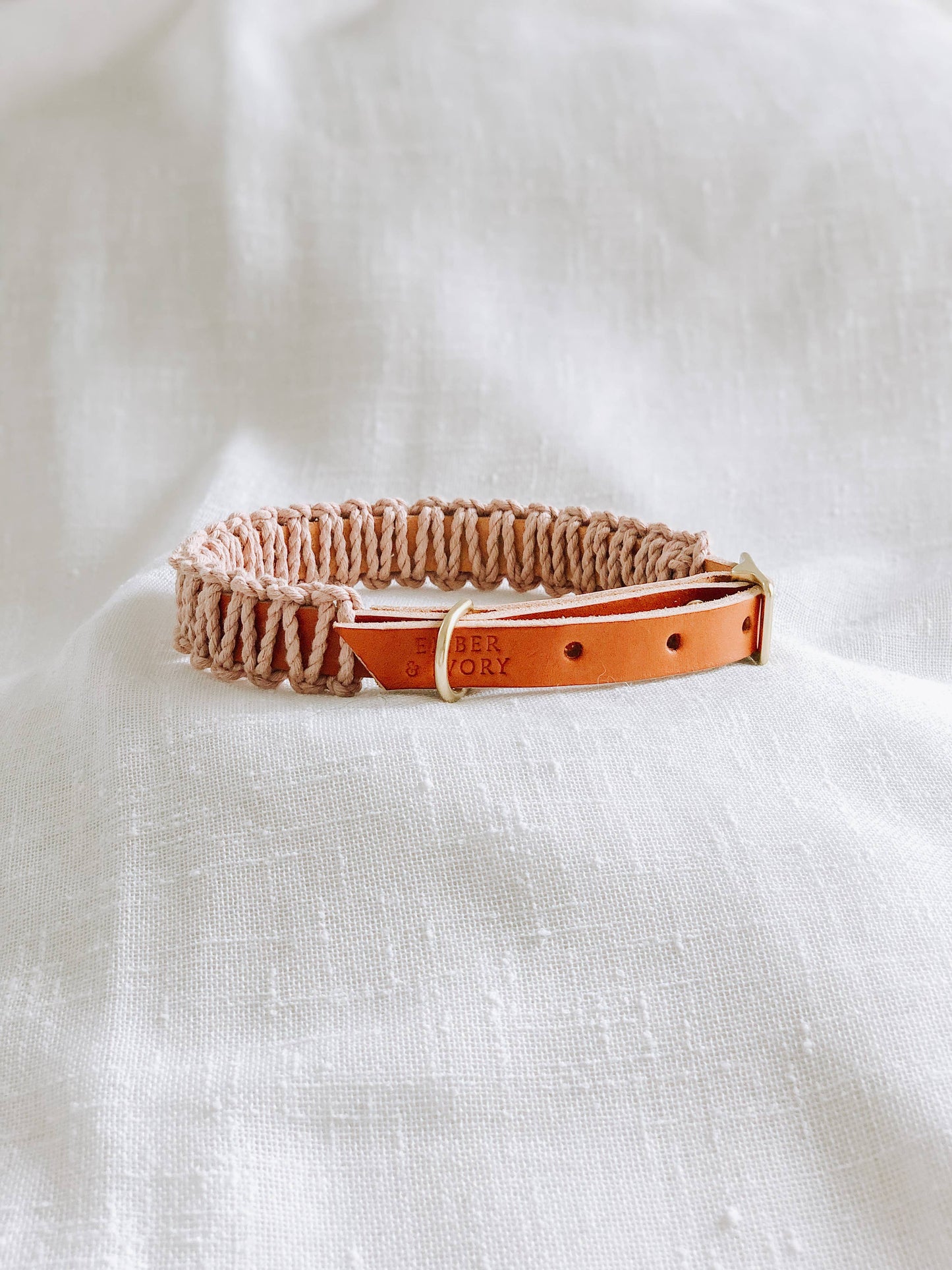Caramel/Blush Macrame & Leather Dog Collar