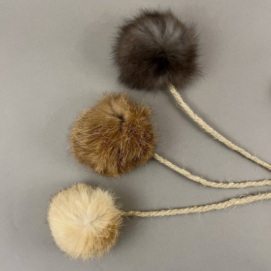 Handmade Rabbit Fur Ball Cat Toy with Organic Hemp Rope