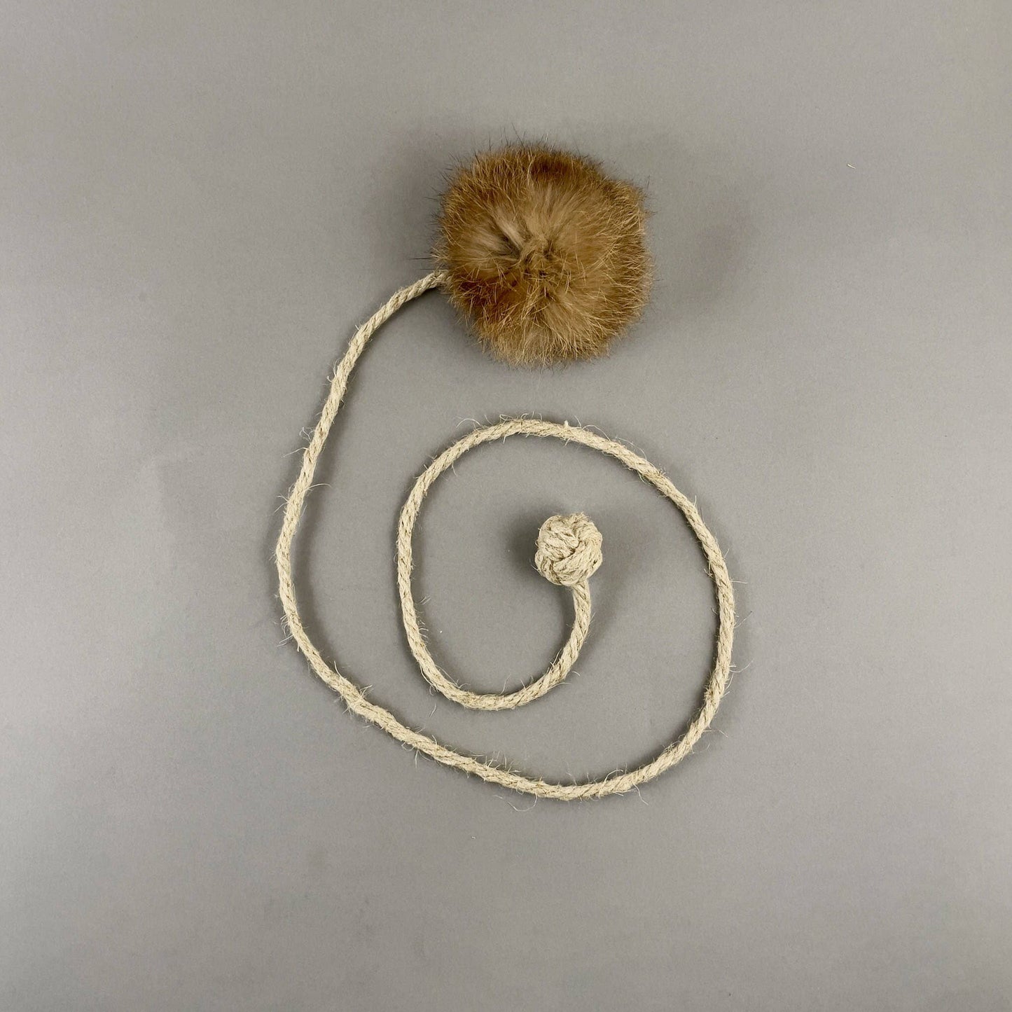 Handmade Rabbit Fur Ball Cat Toy with Organic Hemp Rope