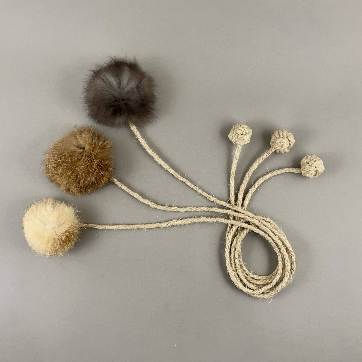 Handmade Rabbit Fur Ball Cat Toy with Organic Hemp Rope